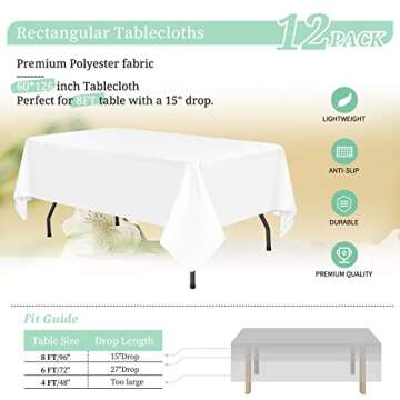 12 Pack White Tablecloths for 8 Foot Rectangle Tables 60 x126 inch,Polyester White Table Clothes in ...