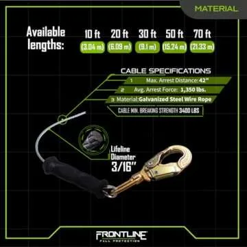 Frontline RPG20' Cable SRL with Steel Snap Hook End | 3/16" Galvanized Steel Cable | Lightweight, Durable | Swivel Anchorage Eye | 310 lbs Capacity | ANSI & OSHA Compliant