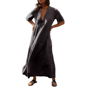 Gacaky Summer Dress for Women Casual Short Sleeve Deep V Neck Sundress Flowy Loose Beach Long Dress