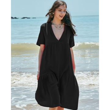 Gacaky Summer Dress for Women Casual Short Sleeve Deep V Neck Sundress Flowy Loose Beach Long Dress