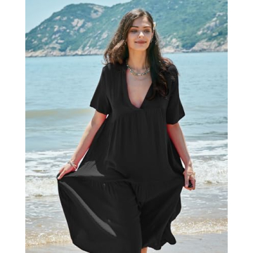 Gacaky Summer Dress for Women Casual Short Sleeve Deep V Neck Sundress Flowy Loose Beach Long Dress