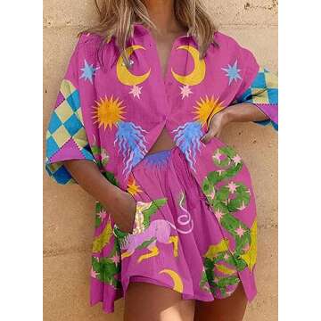 Peaceglad Women's Print 2 Piece Pajama Set Short Sleeve Button Down Tops Drawstring Shorts Loungewear Sleepwear Sets(Pink,L)