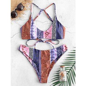 ZAFUL Women's Retro Bathing Suits Floral Paisley Strappy Bikini Back Lace-up Two Piece Swimsuits(0-Multi-C,M)