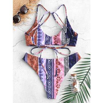 ZAFUL Women's Retro Bathing Suits Floral Paisley Strappy Bikini Back Lace-up Two Piece Swimsuits(0-Multi-C,M)