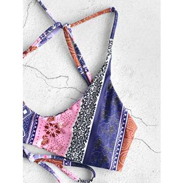 ZAFUL Women's Retro Bathing Suits Floral Paisley Strappy Bikini Back Lace-up Two Piece Swimsuits(0-Multi-C,M)
