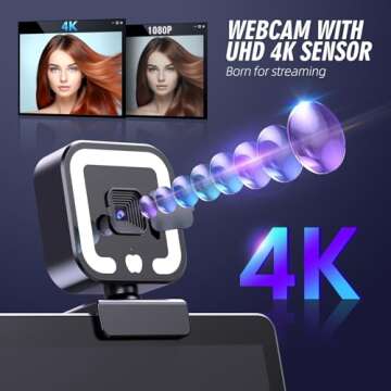 Hemisol 4K Webcam, Web Camera with Microphone and Fill Light, HD Autofocus Computer Camera with Priv...