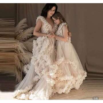 Ladies Dressing Gown Perspective Sheer Long Robe Puffy Tulle Maternity Gown for Photoshoot Champagne S