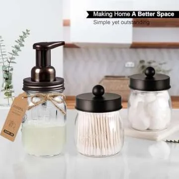 SheeChung Bathroom Accessories Set - Mason Jar Foaming Hand Soap Dispenser, Qtip Holder Set, Rustic Farmhouse Decor, Apothecary Jars, Bathroom Countertop Organizer - Bronze