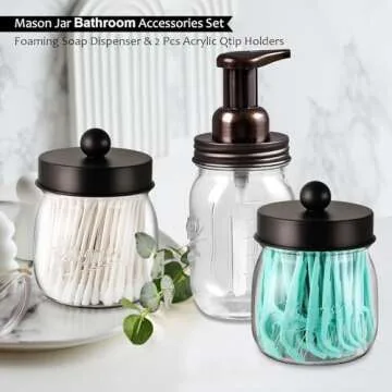 SheeChung Bathroom Accessories Set - Mason Jar Foaming Hand Soap Dispenser, Qtip Holder Set, Rustic Farmhouse Decor, Apothecary Jars, Bathroom Countertop Organizer - Bronze