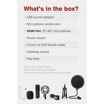 ZINGYOU Condenser Microphone ZY-801+, Professional Studio Microphone Include Sound Card, Desktop Cardioid Condenser Mic, PC Recording and Broadcasting(Matte Black)