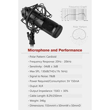 ZINGYOU Condenser Microphone ZY-801+, Professional Studio Microphone Include Sound Card, Desktop Cardioid Condenser Mic, PC Recording and Broadcasting(Matte Black)
