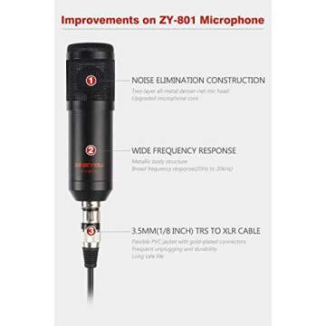 ZINGYOU Condenser Microphone ZY-801+, Professional Studio Microphone Include Sound Card, Desktop Cardioid Condenser Mic, PC Recording and Broadcasting(Matte Black)