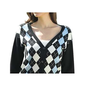ASUOAgio Women's Argyle Sweater Long Sleeve Button Down Classic V Neck Knit Cardigan Sweaters Blue S