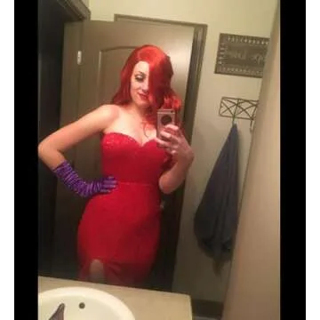 Jessica Rabbit Costume Red Wig Purple Gloves Plastic Holder Fancy Dress Costume Set