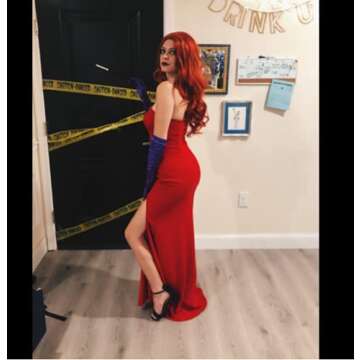 Jessica Rabbit Costume Red Wig Purple Gloves Plastic Holder Fancy Dress Costume Set