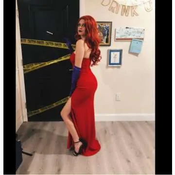 Jessica Rabbit Costume Red Wig Purple Gloves Plastic Holder Fancy Dress Costume Set