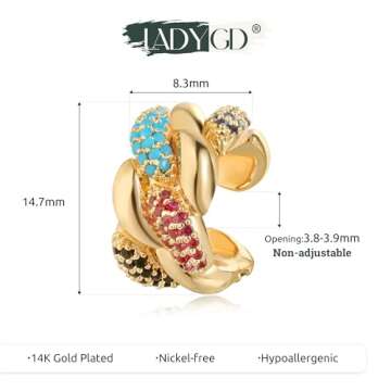 LADYGD Ear Cuff Earrings for Women Trendy 14K Gold Plated Multi-Colored Cubic Zirconia Braid Sparkle Ear Cuffs Non Piercing | Clip On Cartilage | Single