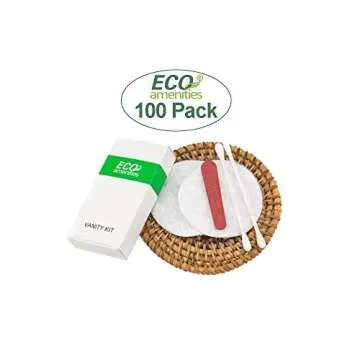 ECO Amenities Hotel Vanity Set, Travel Cotton Pads, Cotton Swabs, and Nail File Packed in Individually Wrapped Paper Box, 100 Sets per Case