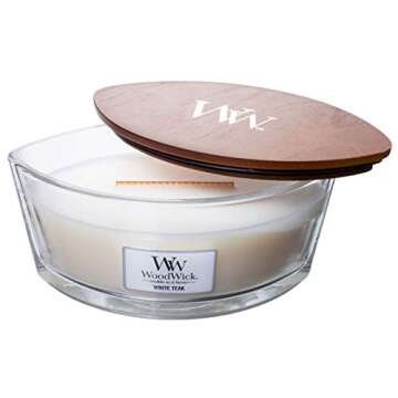 WoodWick WW White Teak, Highly Scented Candle, Ellipse Glass Jar Original HearthWick Flame, Large 7 Inches, 16 OZ