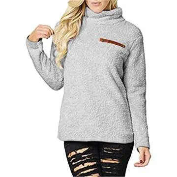 onlypuff High Neck Sherpa Sweaters for Women Gray Casual Tunic Tops Long Sleeve Pullover Sweatshirt ...