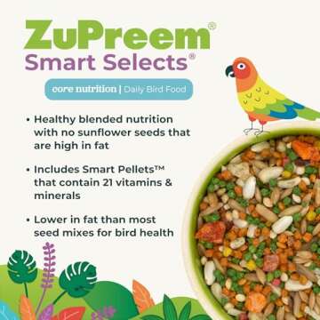 ZuPreem Smart Selects Daily Bird Food for Amazon, Cockatoo, Macaw, Bird Pellets and Seed Blend, Core Nutrition for Large Birds, Made in USA, Bird Seed, Macaw Food, Macaw Bird Food (L, 4 lb)