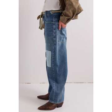 PLNOTME Womens Baggy Barrel Horseshoe Jeans Wide Leg Patchwork Low Rise Denim Pants with Pockets Blue