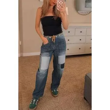 PLNOTME Womens Baggy Barrel Horseshoe Jeans Wide Leg Patchwork Low Rise Denim Pants with Pockets Blue