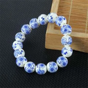 LKXHarleya Women Porcelain Beads Bracelet Vintage Style Blue and White Porcelain Ceramics Wrist Bracelet