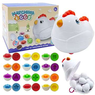 Easter Matching Eggs Toddler Toy with Push & Pull Chicken Box, 12 Pcs Montessori Sorter Learning Educational Toy, Multiple Shapes and Colors Fine Motor Skills Sensory Toy, Gift for Boys Girls