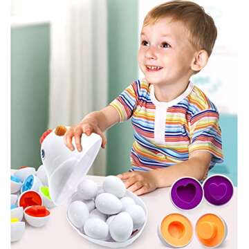 Easter Matching Eggs Toddler Toy with Push & Pull Chicken Box, 12 Pcs Montessori Sorter Learning Educational Toy, Multiple Shapes and Colors Fine Motor Skills Sensory Toy, Gift for Boys Girls