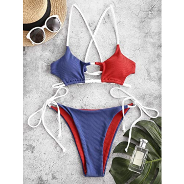 ZAFUL Women’s Stylish Ribbed Color Block Bikini Swimwear