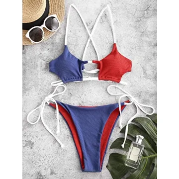ZAFUL Women’s Stylish Ribbed Color Block Bikini Swimwear