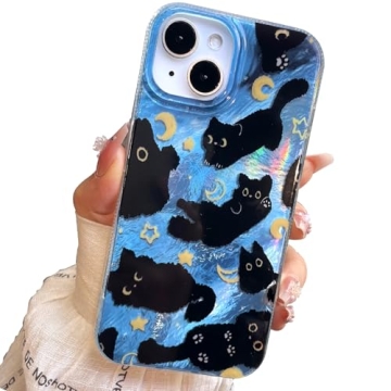 buccilly for iPhone 13 Case & iPhone 14 Case Shiny Black cat Design,Cute Trendy Soft Slim TPU Shockp...