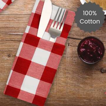 Cotton Clinic Set of 12 Cloth Napkins Gingham Check 100% Cotton 20x20 inches - Soft Durable Washable - Ideal for Events Wedding Christmas Easter - Perfect Everyday Use Table Dinner Napkins Red White