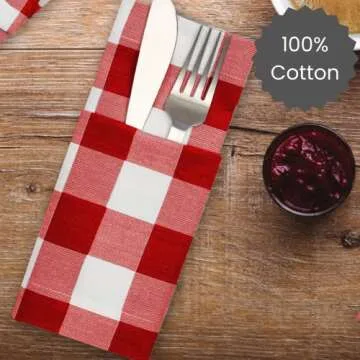 Cotton Clinic Set of 12 Cloth Napkins Gingham Check 100% Cotton 20x20 inches - Soft Durable Washable - Ideal for Events Wedding Christmas Easter - Perfect Everyday Use Table Dinner Napkins Red White