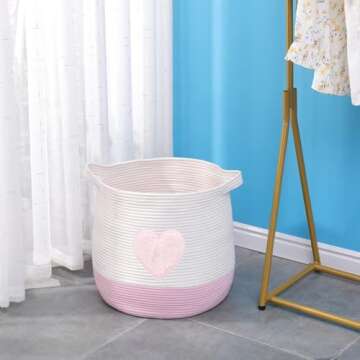 childishness ndup Large Cotton Rope Basket, Woven Storage Basket for Toy, Laundry and Blanket Organizer Basket, Round Hamper Basket with Handles for Kid's Room 17.7"x16.9"