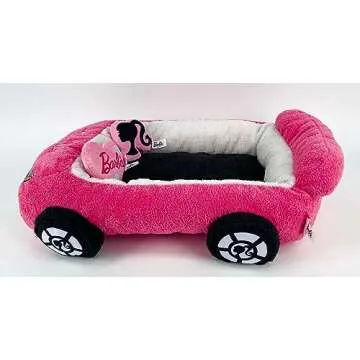 Megatoys Barbie Plush Car Pet Bed- Themed Plush Pink Pet Bed for Dogs and Cats – Soft and Cozy Pet Bed with Barbie Pillow and Car Design