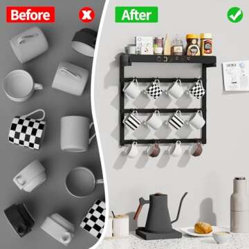 ZDDLOINP Coffee Mug Holder Wall Mounted with 12 Movable Hooks, Metal Coffee Cup Holder with Top Shel...