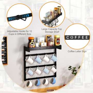 ZDDLOINP Wall Mounted Coffee Mug Holder with Adjustable Hooks