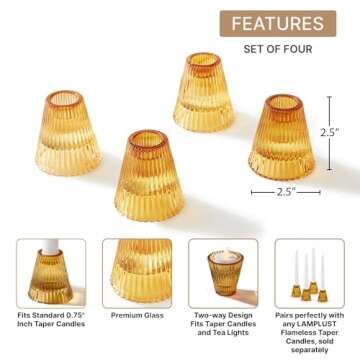 LampLust Glass Candle Holders for Taper Candles, 4 Pack, Amber Taper Candle Holders, 2.5 Inch Tall, ...