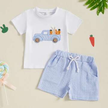 Kavousa Toddler Boy Easter Outfit - Bunny T-Shirt & Shorts Set for Spring Summer