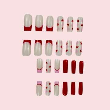 24 Pcs Valentines Press on Nails Short Medium Fake Nails Pink Heart Design Nails Square False Nails ...