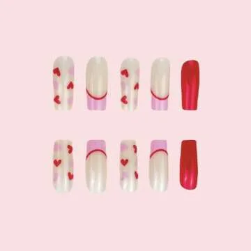 24 Pcs Valentines Press on Nails Short Medium Fake Nails Pink Heart Design Nails Square False Nails French Tip Acrylic Nails Press on Glossy Holiday Glue on Nails Full Cover Stick on Nails for Women