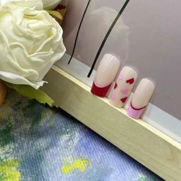 24 Pcs Valentines Press on Nails Short Medium Fake Nails Pink Heart Design Nails Square False Nails French Tip Acrylic Nails Press on Glossy Holiday Glue on Nails Full Cover Stick on Nails for Women