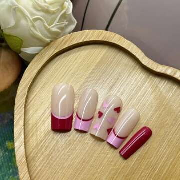 24 Pcs Valentines Press on Nails Short Medium Fake Nails Pink Heart Design Nails Square False Nails French Tip Acrylic Nails Press on Glossy Holiday Glue on Nails Full Cover Stick on Nails for Women