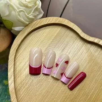 24 Pcs Valentines Press on Nails Short Medium Fake Nails Pink Heart Design Nails Square False Nails French Tip Acrylic Nails Press on Glossy Holiday Glue on Nails Full Cover Stick on Nails for Women