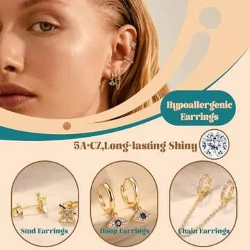 IRONBOX Earrings Set with 14K Gold Plated Huggie Hoop Studs (12Pairs) for Women Small Dainty Minimal...