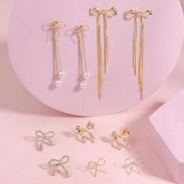 5 Pairs Gold Bow Earrings for Women Cute Ribbon Earrings Bow Stud Earrings Jewelry Christmas Gifts f...