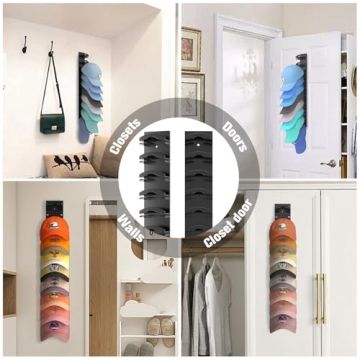 Hat Organizer Hold up to 20 Hats, 2 Pack Hat Rack for Wall with Strong Adhesive, Hat Organizer for Baseball Caps Display for Door Closet, Hat Hanger Holder Multilayer Two Mounting Option(Black)