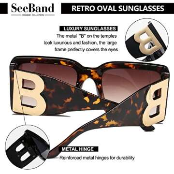 SeeBand Fashion Oversized Square Sunglasses for Women Men Trendy Black Thick Frame Luxury Designer Big Sun Glasses UV400 (Leopard/Gradient Brown/Gold Character)